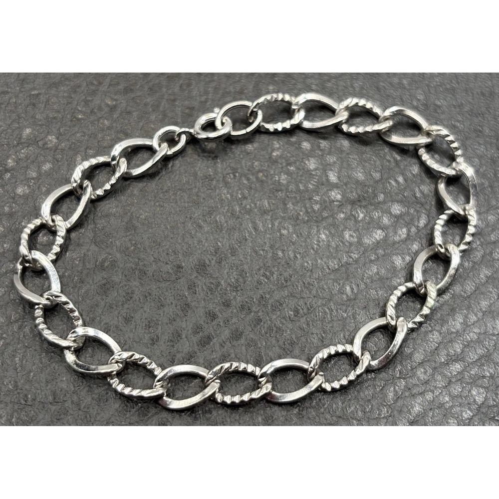 Vintage Sterling Silver 6MM Textured Chain Link Charm Starter Bracelet 7"